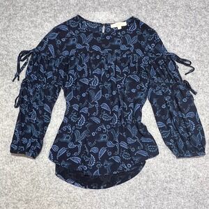 LOFT Navy‎ Blue Paisley Floral Tiered Tie Sleeve Blouse XS Boho Top